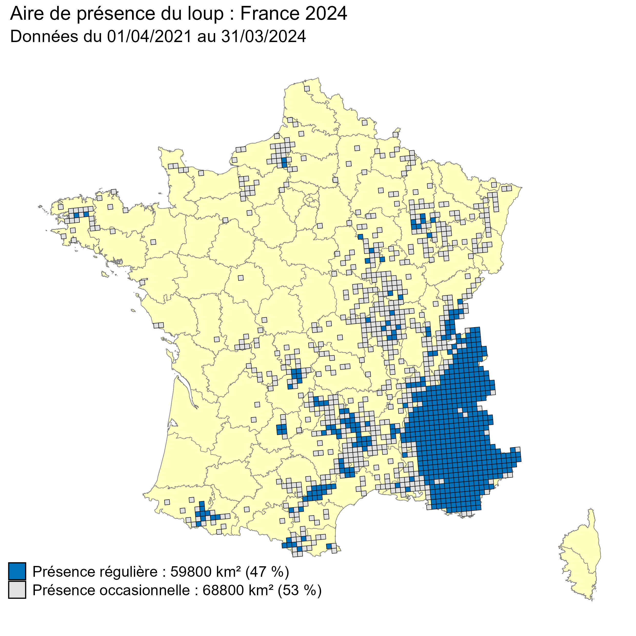 Bilan de l’aire de présence détectée du Loup gris en France